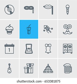 Vector Illustration Of 16 Feast Icons. Editable Pack Of Present, Jingle, Masquerade And Other Elements.