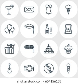 Vector Illustration Of 16 Feast Icons. Editable Pack Of Compact Disk, Patisserie, Heart Letter And Other Elements.
