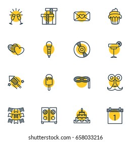 Vector Illustration Of 16 Feast Icons. Editable Pack Of Compact Disk, Firecracker, Cupcake And Other Elements.