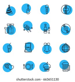 Vector Illustration Of 16 Feast Icons. Editable Pack Of Draught, Soft Drink, Karaoke And Other Elements.
