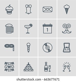 Vector Illustration Of 16 Feast Icons. Editable Pack Of Patisserie, Ice Cream, Martini And Other Elements.