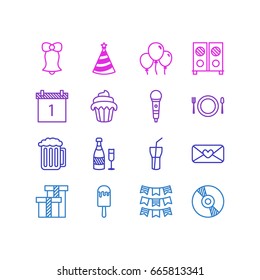 Vector Illustration Of 16 Feast Icons. Editable Pack Of Cap, Cutlery, Speaker And Other Elements.