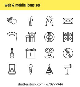 Vector Illustration Of 16 Feast Icons. Editable Pack Of Man Style, Date Block, Musical Instrument And Other Elements.