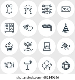 Vector Illustration Of 16 Feast Icons. Editable Pack Of Man Style, Party Flag, Muffin And Other Elements.