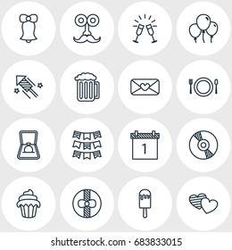 Vector Illustration Of 16 Feast Icons. Editable Pack Of Date Block, Heart Letter, Jingle And Other Elements.