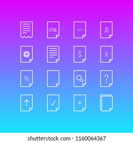 Vector illustration of 16 file icons line style. Editable set of empty, add, file and other icon elements.