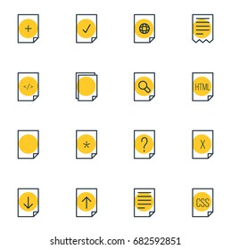 Vector Illustration Of 16 File Icons. Editable Pack Of Download, Folder, Search And Other Elements.