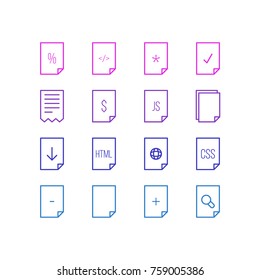 Vector Illustration Of 16 File Outline Icons. Editable Set Of Plus, HTML, Munus And Other Elements.
