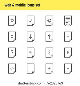 Vector Illustration Of 16 File Outline Icons. Editable Set Of Remove, Script, Question And Other Elements.