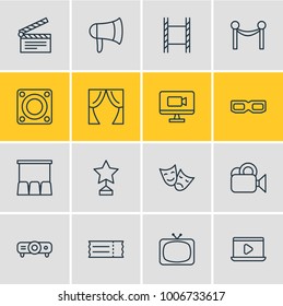 Vector illustration of 16 film icons line style. Editable set of clapperboard, cinema reel, ticket and other icon elements.