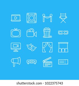 Vector illustration of 16 film icons line style. Editable set of cinema, curtains, monitor and other icon elements.