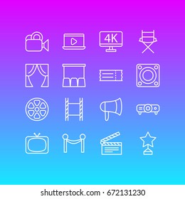 Vector Illustration Of 16 Film Icons. Editable Pack Of Slideshow, Theater, Hall And Other Elements.