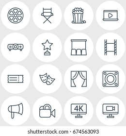 Vector Illustration Of 16 Film Icons. Editable Pack Of Resolution, Shooting Seat, Camera And Other Elements.