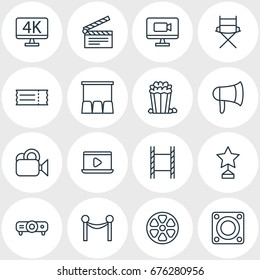 Vector Illustration Of 16 Film Icons. Editable Pack Of Hall, Loudspeaker, Filmstrip And Other Elements.