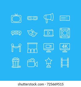 Vector Illustration Of 16 Film Icons. Editable Pack Of Reward, Cinema Fence, Tragedy And Other Elements.