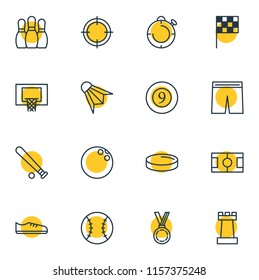 Vector illustration of 16 fitness icons line style. Editable set of flag, batting, hockey and other icon elements.