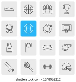 Vector illustration of 16 fitness icons line style. Editable set of uniform, batting, championship and other icon elements.