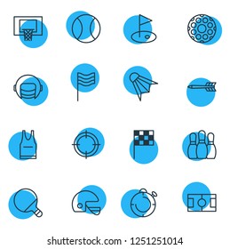 Vector illustration of 16 fitness icons line style. Editable set of helmet, ball, arrow and other icon elements.