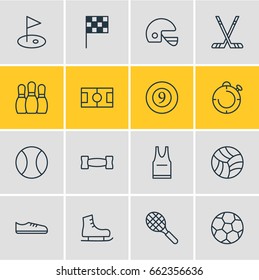 Vector Illustration Of 16 Fitness Icons. Editable Pack Of Rocket, Hockey, Helmet And Other Elements.