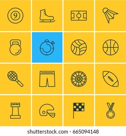 Vector Illustration Of 16 Fitness Icons. Editable Pack Of Game, Target, Weight And Other Elements.