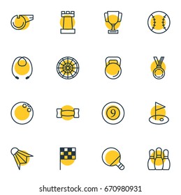 Vector Illustration Of 16 Fitness Icons. Editable Pack Of Pawn, Weight, Cue And Other Elements.