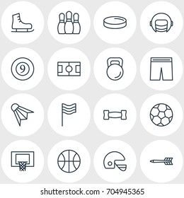 Vector Illustration Of 16 Fitness Icons. Editable Pack Of Bowling, Uniform, Badminton And Other Elements.