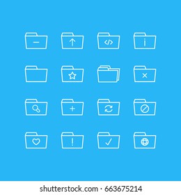 Vector Illustration Of 16 Folder Icons. Editable Pack Of Magnifier, Folders, Document Case And Other Elements.