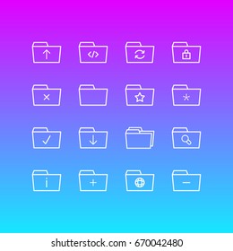Vector Illustration Of 16 Folder Icons. Editable Pack Of Script, Closed, Plus And Other Elements.