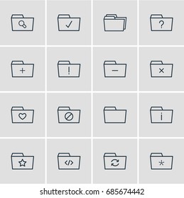 Vector Illustration Of 16 Folder Icons. Editable Pack Of Script, Minus, Pinned And Other Elements.