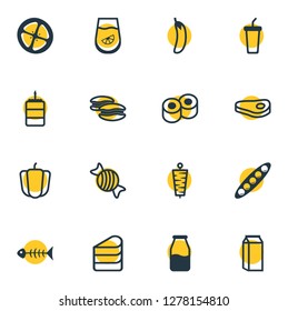 Vector illustration of 16 food icons line style. Editable set of pastry, bell pepper, tomato slice and other icon elements.