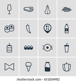 Vector Illustration Of 16 Food Icons. Editable Pack Of Sirloin, Pasta, Japanese Roll And Other Elements.