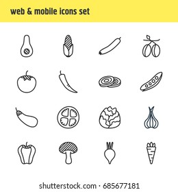 Vector Illustration Of 16 Food Icons. Editable Pack Of Legume, Turnip, Tomato Slice And Other Elements.