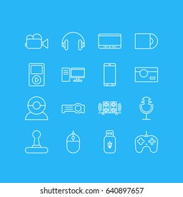 Vector Illustration Of 16 Gadget Icons. Editable Pack Of Dvd Drive, Monitor, Floodlight And Other Elements.