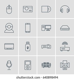 Vector Illustration Of 16 Gadget Icons. Editable Pack Of Loudspeaker, Photography, Media Controller And Other Elements.