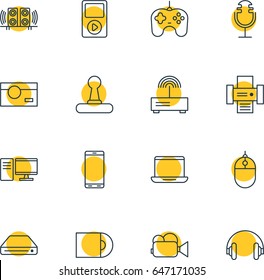 Vector Illustration Of 16 Gadget Icons. Editable Pack Of Loudspeaker, Modem, Memory Storage And Other Elements.