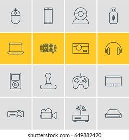 Vector Illustration Of 16 Gadget Icons. Editable Pack Of Media Controller, Modem, Game Controller And Other Elements.