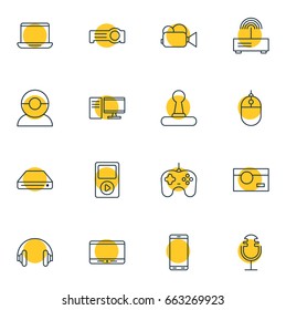 Vector Illustration Of 16 Gadget Icons. Editable Pack Of Joypad, PC, Sound Recording And Other Elements.