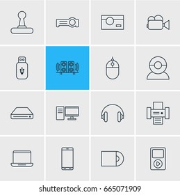 Vector Illustration Of 16 Gadget Icons. Editable Pack Of PC, Game Controller, Loudspeaker And Other Elements.