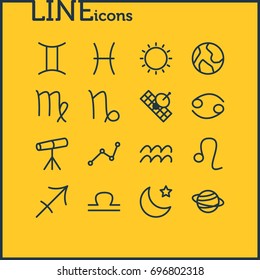 Vector Illustration Of 16 Galaxy Icons. Editable Pack Of Sunny, Zoom Glass, Night And Other Elements.