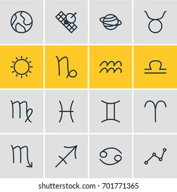 Vector Illustration Of 16 Galaxy Icons. Editable Pack Of Fishes, Geometric, Bull And Other Elements.