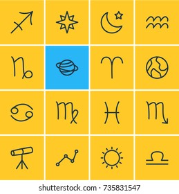 Vector Illustration Of 16 Galaxy Icons. Editable Pack Of Night, Fishes, Zodiac Sign And Other Elements.