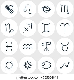 Vector Illustration Of 16 Galaxy Icons. Editable Pack Of Satellite, Archer, Bull And Other Elements.