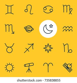 Vector Illustration Of 16 Galaxy Icons. Editable Pack Of Archer, Lion, Zodiac Sign And Other Elements.