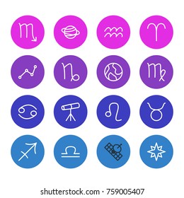 Vector Illustration Of 16 Galaxy Outline Icons. Editable Set Of Scales, Water Bearer, Lion And Other Elements.