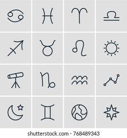 Vector Illustration Of 16 Galaxy Outline Icons. Editable Set Of Ram, Fishes, Geometric And Other Elements.