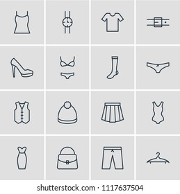Vector illustration of 16 garment icons line style. Editable set of heeled shoe, evening dress, vest and other icon elements.