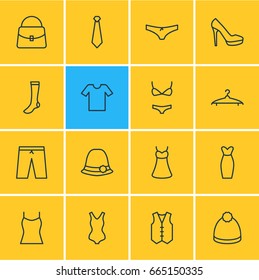 Vector Illustration Of 16 Garment Icons. Editable Pack Of Handbag, Sandal, Panties Elements.