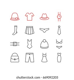 Vector Illustration Of 16 Garment Icons. Editable Pack Of Swimsuit, Evening Dress, Panties And Other Elements.