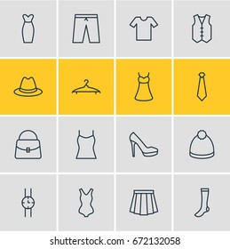 Vector Illustration Of 16 Garment Icons. Editable Pack Of Swimming Trunks, Pompom, Sarafan And Other Elements.