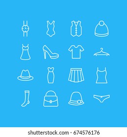 Vector Illustration Of 16 Garment Icons. Editable Pack Of Waistcoat, Apparel, Evening Dress And Other Elements.